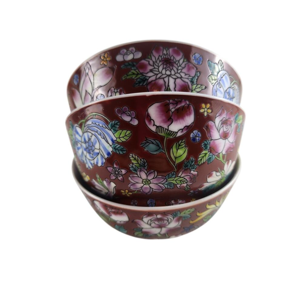 Famile Noir Porcelain Bowl Set~3 Hand-Painted Floral Chinese Export Bowls